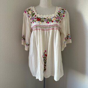 Siren Blouse Square Neck Short Sleeve Embroidered Smocked Lightweight Semi Sheer